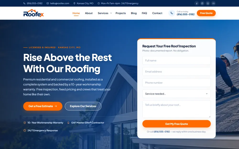 Home page of the Roofex roofing website, designed for a Kansas City roofing contractor