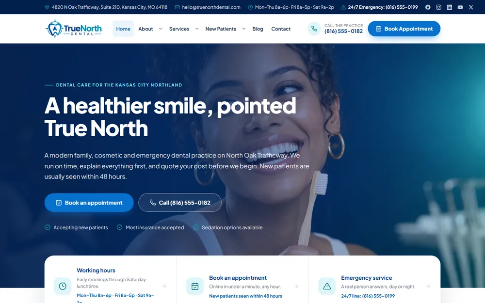 Home page of the TrueNorth Dental website, designed for a Kansas City family and cosmetic dentist