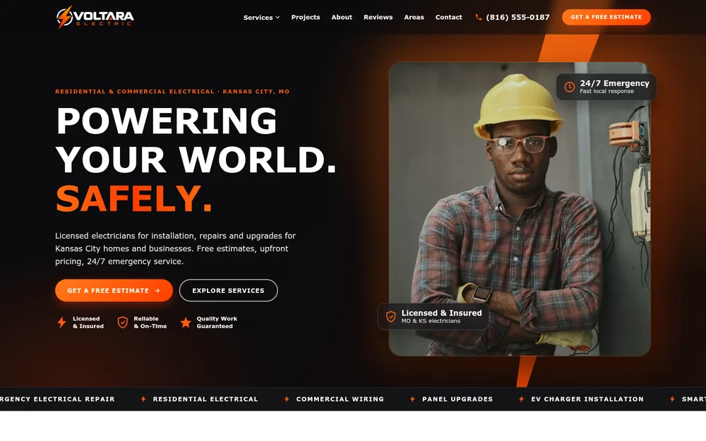 Home page of the VOLTARA Electric website, designed for a Kansas City electrician